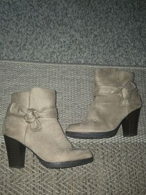 WHIT Taupe Suede Ankle Booties with Knot Accent